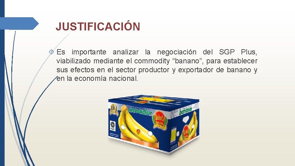 JUSTIFICACIÓN Es importante analizar la negociación del SGP Plus, viabilizado mediante el commodity “banano”,