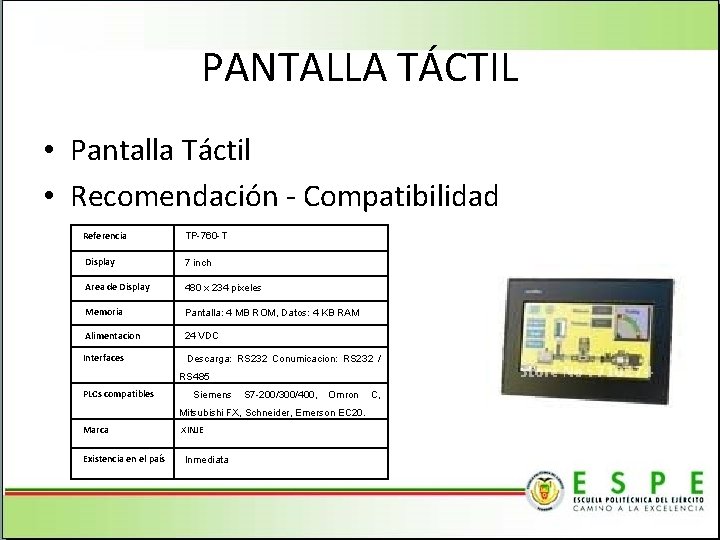 PANTALLA TÁCTIL • Pantalla Táctil • Recomendación - Compatibilidad Referencia TP-760 -T Display 7