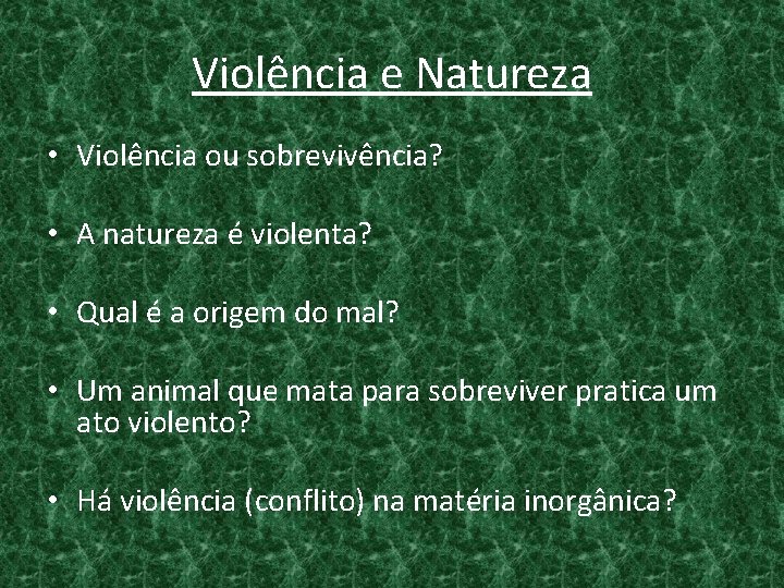 Violência e Natureza • Violência ou sobrevivência? • A natureza é violenta? • Qual
