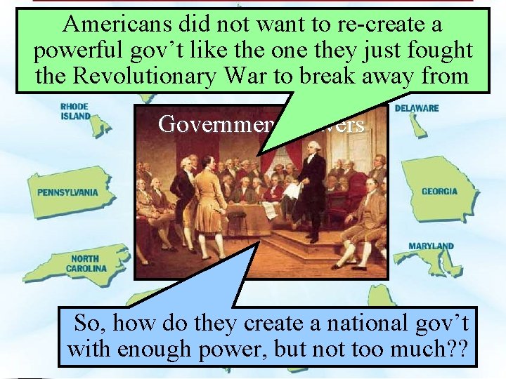 Americans did not want to re-create a powerful gov’t like the one they just