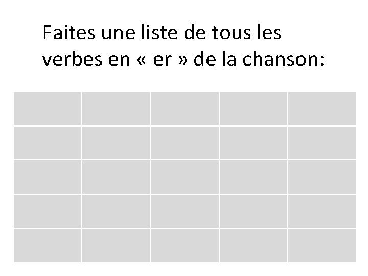 Faites une liste de tous les verbes en « er » de la chanson: