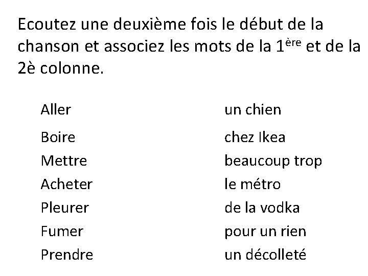 Ecoutez une deuxième fois le début de la chanson et associez les mots de