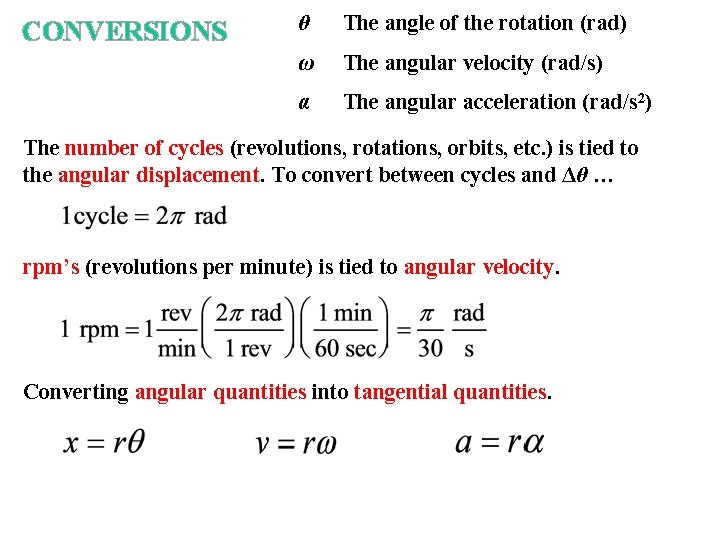 CONVERSIONS θ The angle of the rotation (rad) ω The angular velocity (rad/s) α