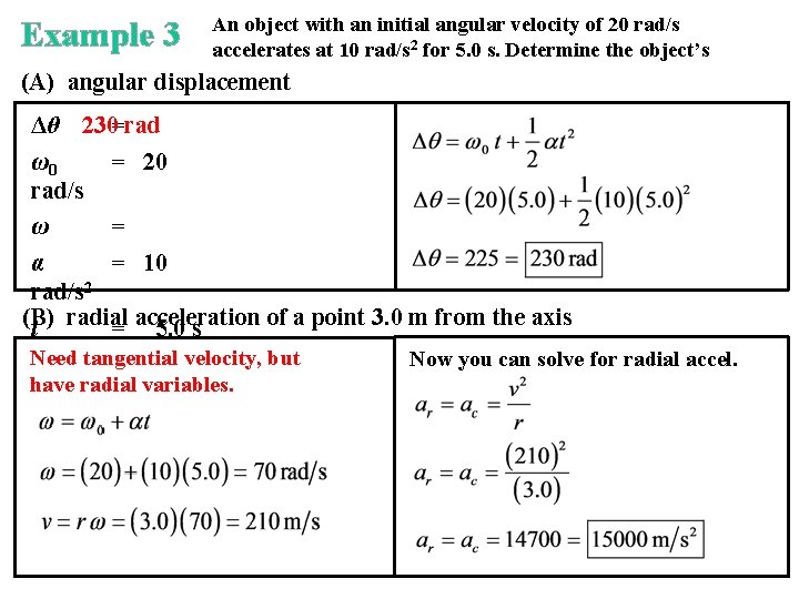 Example 3 An object with an initial angular velocity of 20 rad/s accelerates at
