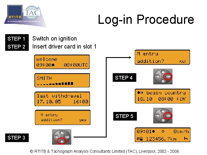 Log-in Procedure STEP 1 STEP 2 Switch on ignition Insert driver card in slot
