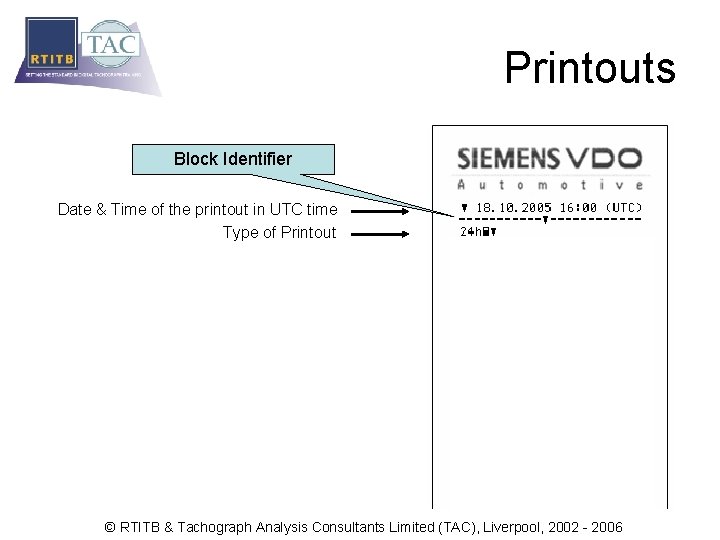 Printouts Block Identifier Date & Time of the printout in UTC time Type of