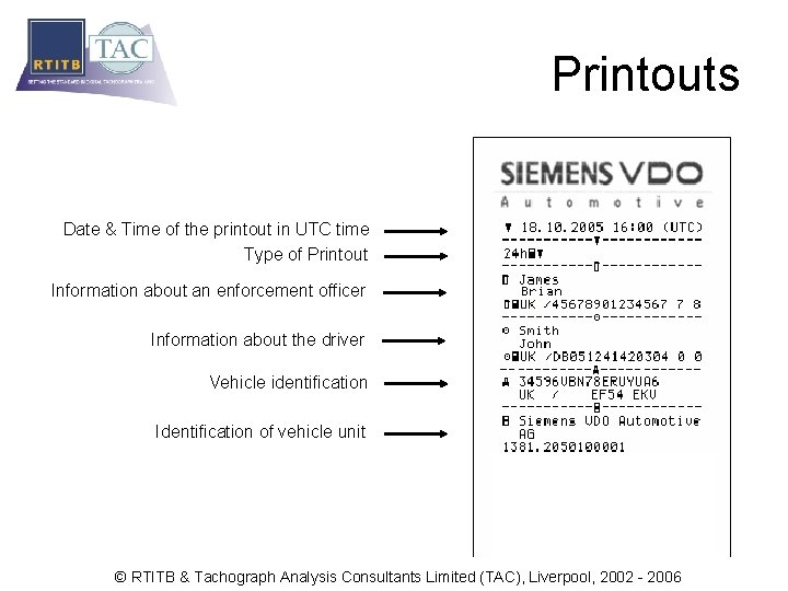 Printouts Date & Time of the printout in UTC time Type of Printout Information