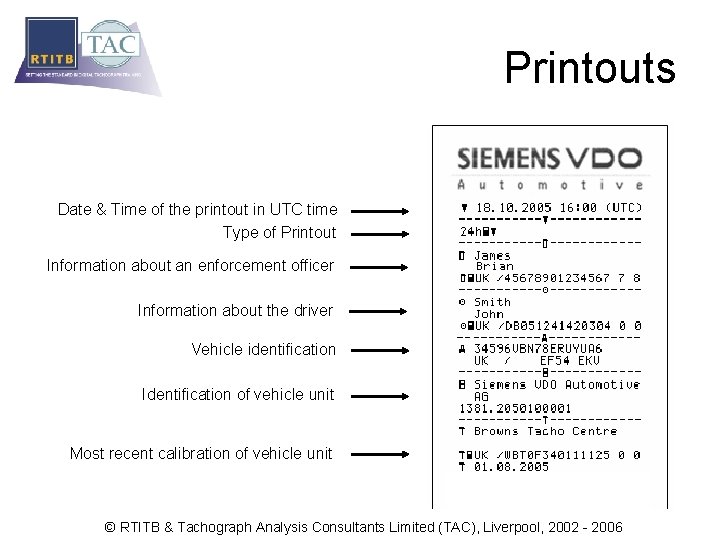 Printouts Date & Time of the printout in UTC time Type of Printout Information