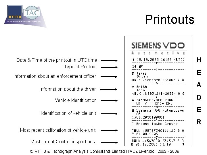 Printouts Date & Time of the printout in UTC time Type of Printout Information