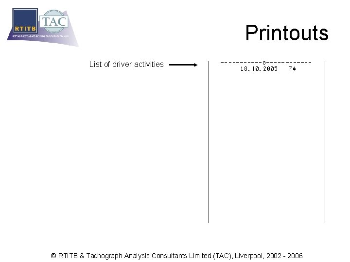 Printouts List of driver activities © RTITB & Tachograph Analysis Consultants Limited (TAC), Liverpool,