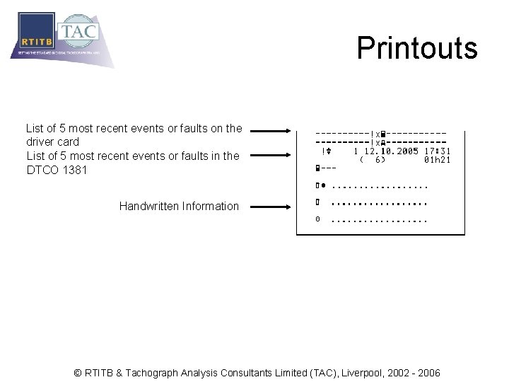 Printouts List of 5 most recent events or faults on the driver card List