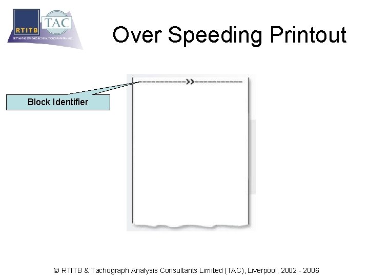 Over Speeding Printout Block Identifier © RTITB & Tachograph Analysis Consultants Limited (TAC), Liverpool,