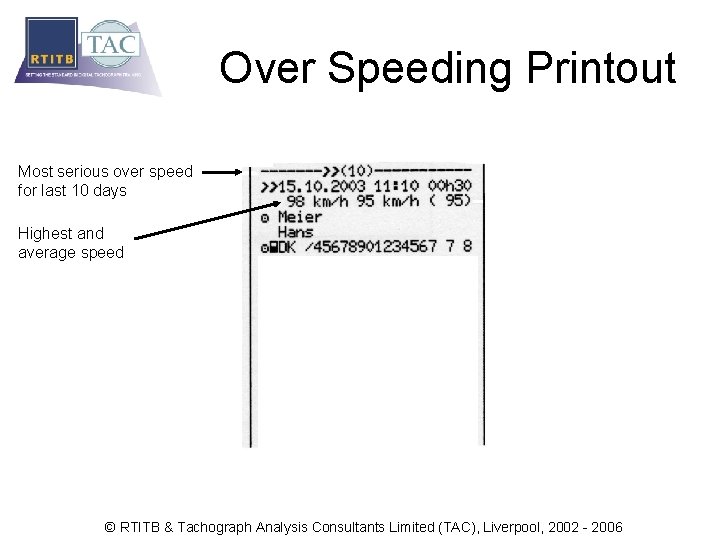 Over Speeding Printout Most serious over speed for last 10 days Highest and average