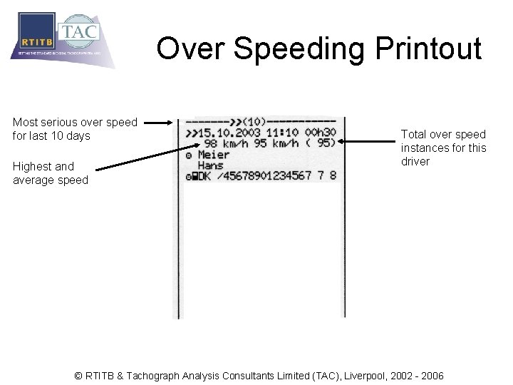 Over Speeding Printout Most serious over speed for last 10 days Highest and average