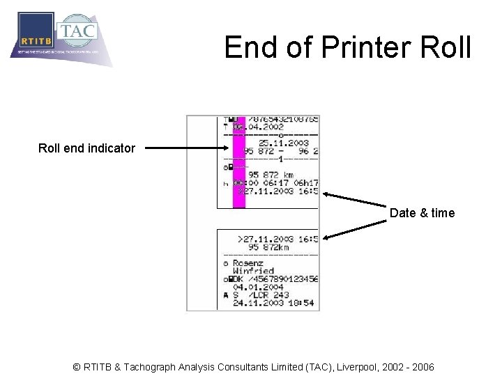 End of Printer Roll end indicator Date & time © RTITB & Tachograph Analysis