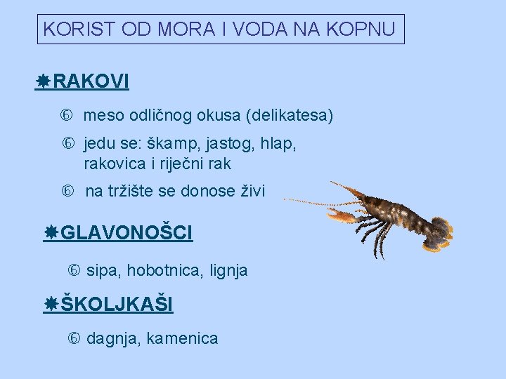 KORIST OD MORA I VODA NA KOPNU RAKOVI meso odličnog okusa (delikatesa) jedu se: