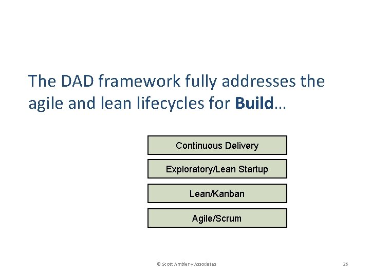 The DAD framework fully addresses the agile and lean lifecycles for Build… Continuous Delivery