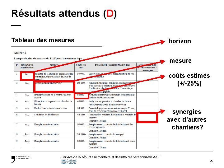 Résultats attendus (D) — Tableau des mesures horizon mesure coûts estimés (+/-25%) synergies avec