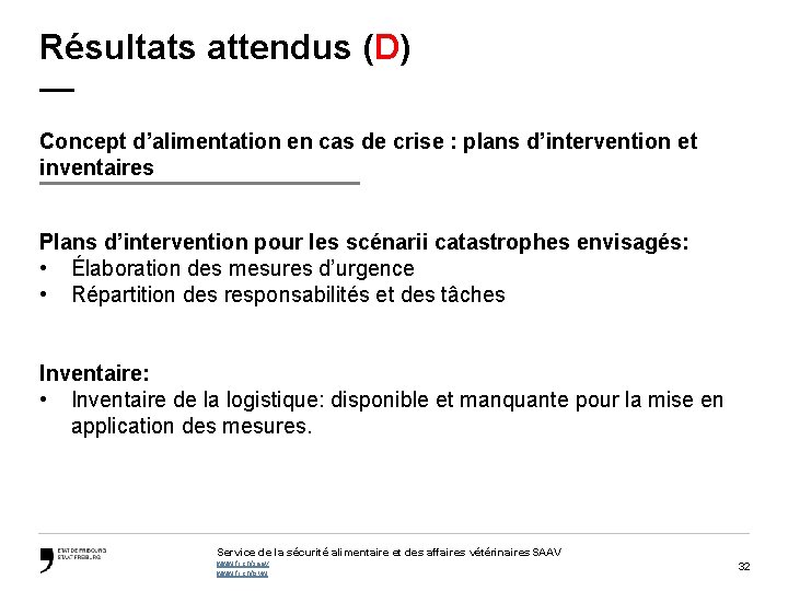 Résultats attendus (D) — Concept d’alimentation en cas de crise : plans d’intervention et