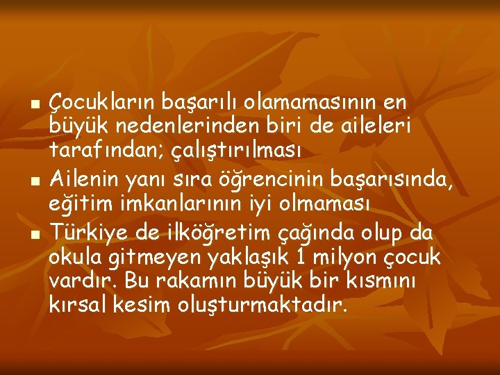 n n n Çocukların başarılı olamamasının en büyük nedenlerinden biri de aileleri tarafından; çalıştırılması