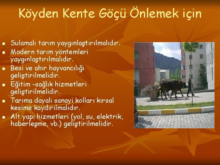 Köyden Kente Göçü Önlemek için n n n Sulamalı tarım yaygınlaştırılmalıdır. Modern tarım yöntemleri