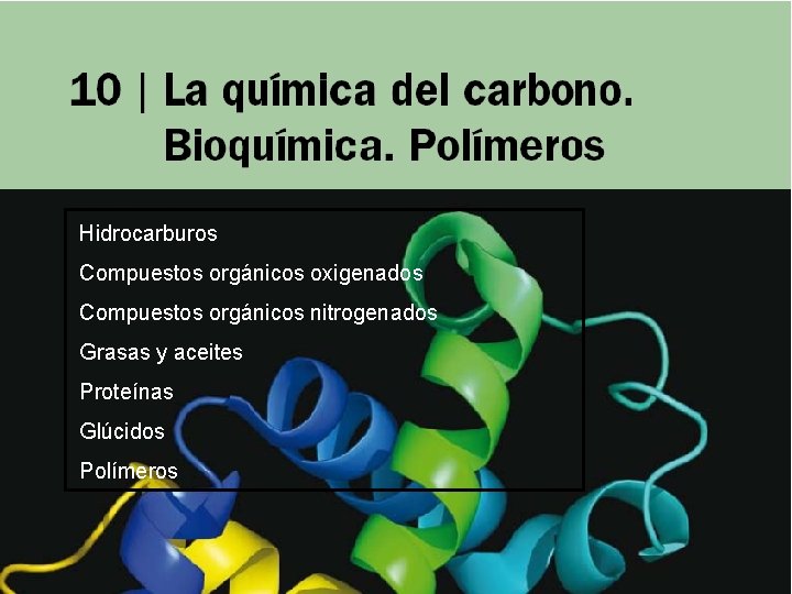 Hidrocarburos Compuestos orgánicos oxigenados Compuestos orgánicos nitrogenados Grasas y aceites Proteínas Glúcidos Polímeros 