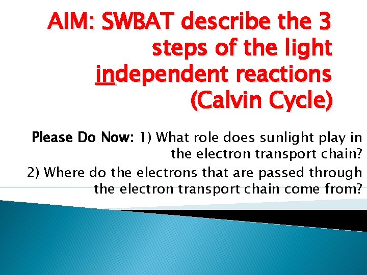 AIM: SWBAT describe the 3 steps of the light independent reactions (Calvin Cycle) Please