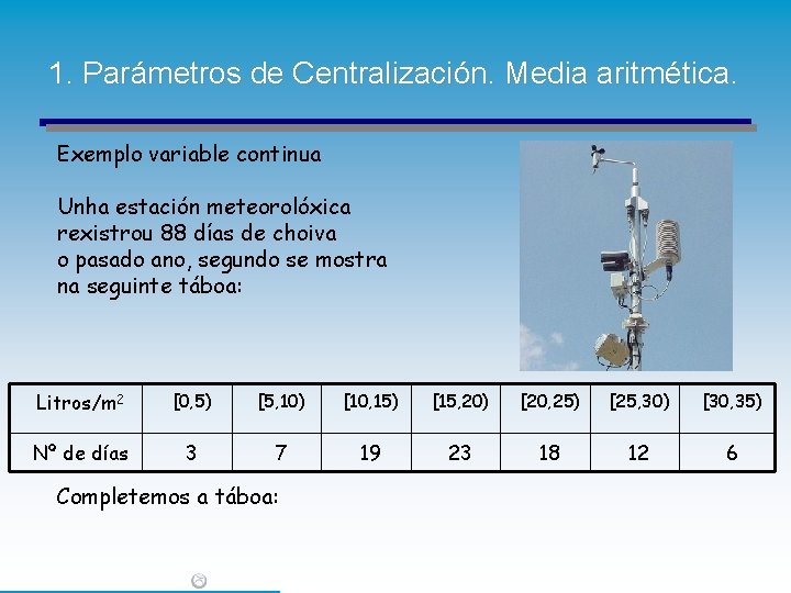 1. Parámetros de Centralización. Media aritmética. Exemplo variable continua Unha estación meteorolóxica rexistrou 88