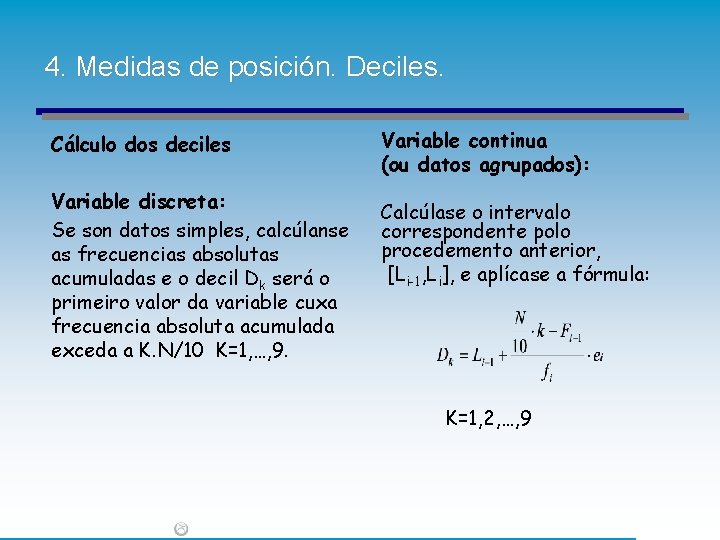 4. Medidas de posición. Deciles. Cálculo dos deciles Variable discreta: Se son datos simples, 4. Medidas de posición. Deciles. Cálculo dos deciles Variable discreta: Se son datos simples,