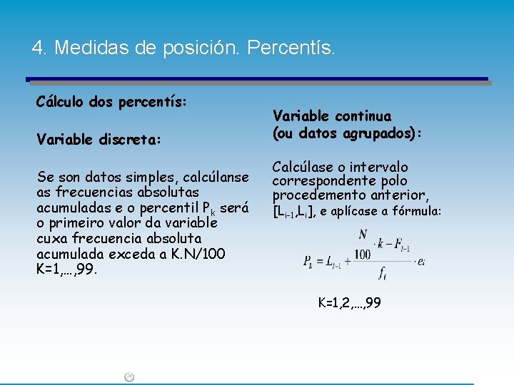 4. Medidas de posición. Percentís. Cálculo dos percentís: Variable discreta: Se son datos simples,