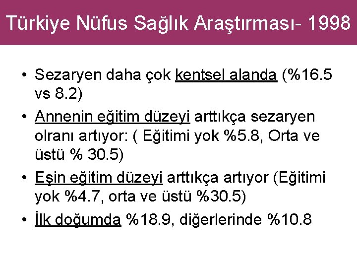 Türkiye Nüfus Sağlık Araştırması- 1998 • Sezaryen daha çok kentsel alanda (%16. 5 vs