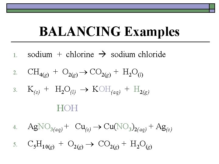 BALANCING Examples 1. sodium + chlorine sodium chloride 2. CH 4(g) + O 2(g)