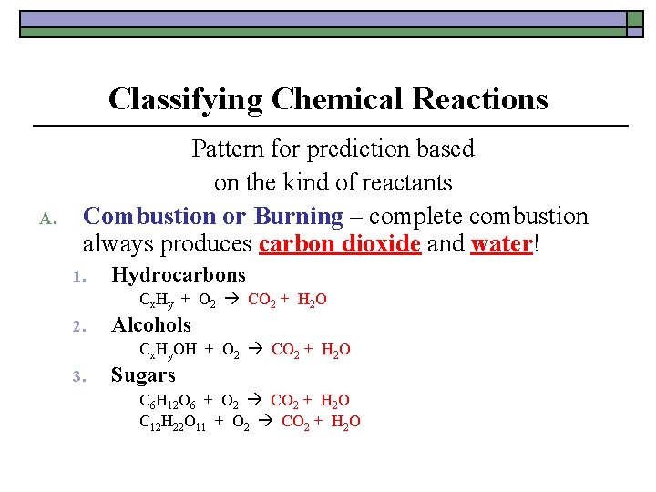 Classifying Chemical Reactions A. Pattern for prediction based on the kind of reactants Combustion