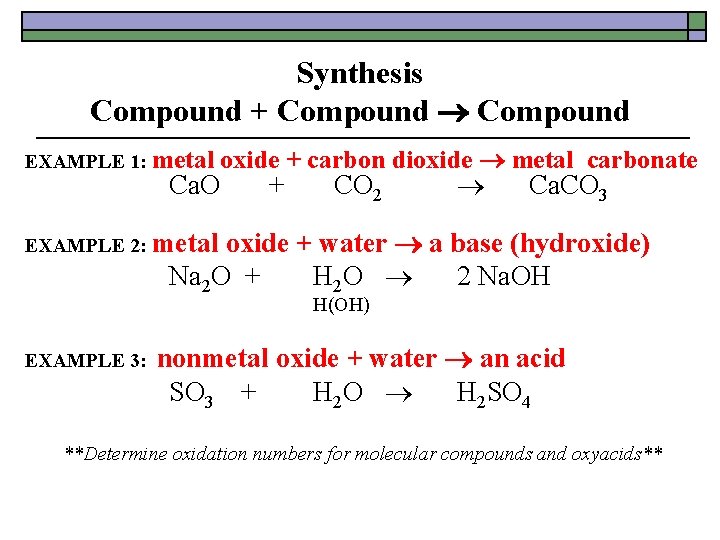 Synthesis Compound + Compound EXAMPLE 1: metal oxide + carbon dioxide metal carbonate Ca.