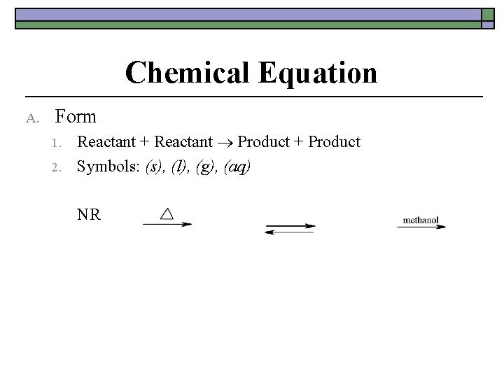 Chemical Equation A. Form 1. 2. Reactant + Reactant Product + Product Symbols: (s),