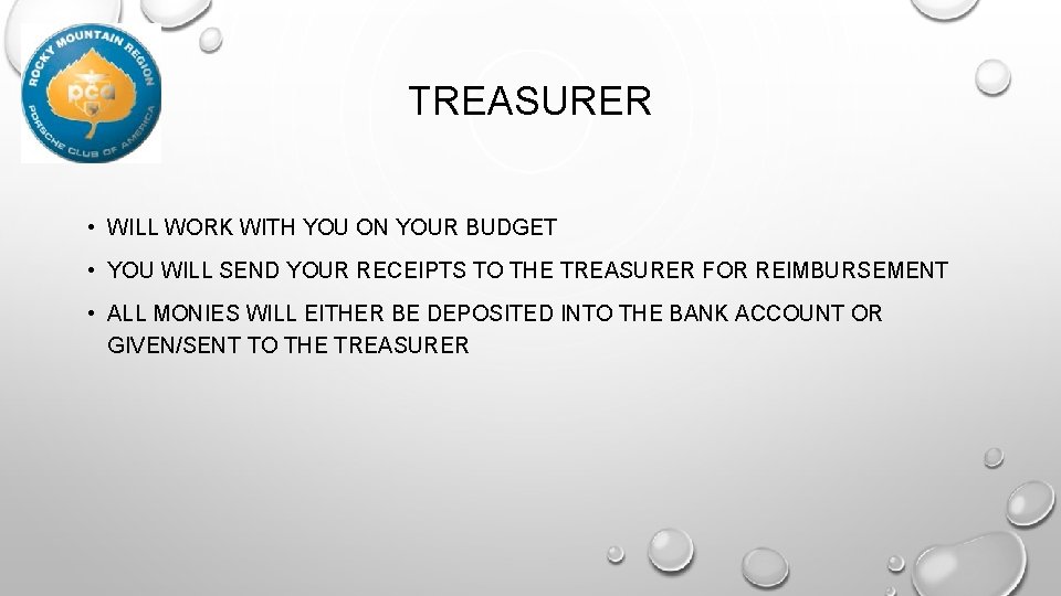 TREASURER • WILL WORK WITH YOU ON YOUR BUDGET • YOU WILL SEND YOUR