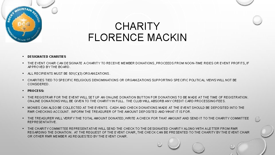 CHARITY FLORENCE MACKIN • DESIGNATED CHARITIES • THE EVENT CHAIR CAN DESIGNATE A CHARITY