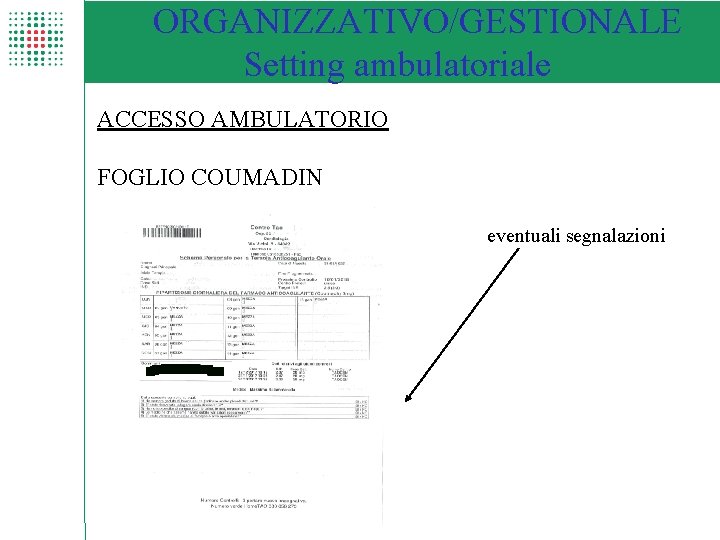 ORGANIZZATIVO/GESTIONALE Setting ambulatoriale ACCESSO AMBULATORIO FOGLIO COUMADIN eventuali segnalazioni DDDDMDDEEE 