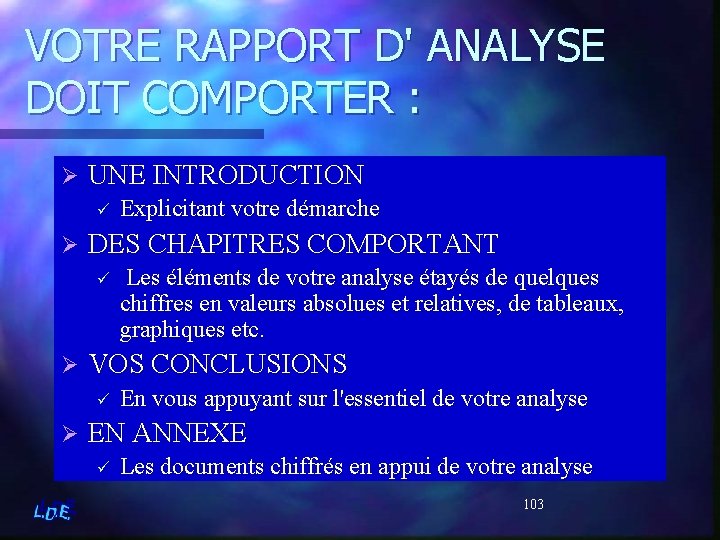 VOTRE RAPPORT D' ANALYSE DOIT COMPORTER : Ø UNE INTRODUCTION ü Ø DES CHAPITRES