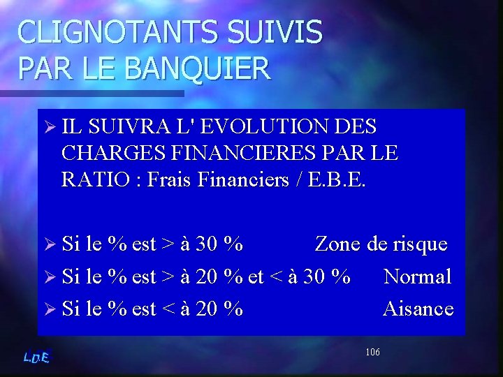 CLIGNOTANTS SUIVIS PAR LE BANQUIER Ø IL SUIVRA L' EVOLUTION DES CHARGES FINANCIERES PAR