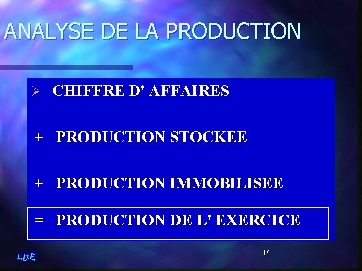 ANALYSE DE LA PRODUCTION Ø CHIFFRE D' AFFAIRES + PRODUCTION STOCKEE + PRODUCTION IMMOBILISEE