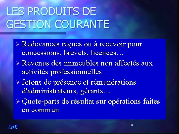 LES PRODUITS DE GESTION COURANTE Ø Redevances reçues ou à recevoir pour concessions, brevets,