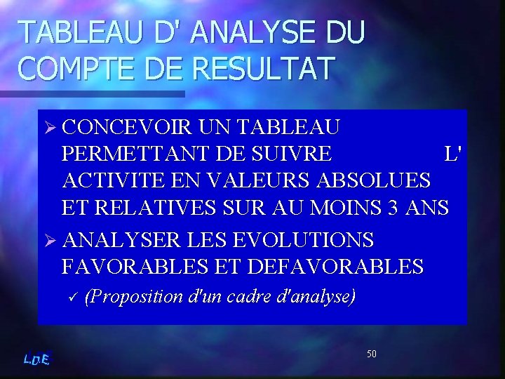 TABLEAU D' ANALYSE DU COMPTE DE RESULTAT Ø CONCEVOIR UN TABLEAU PERMETTANT DE SUIVRE