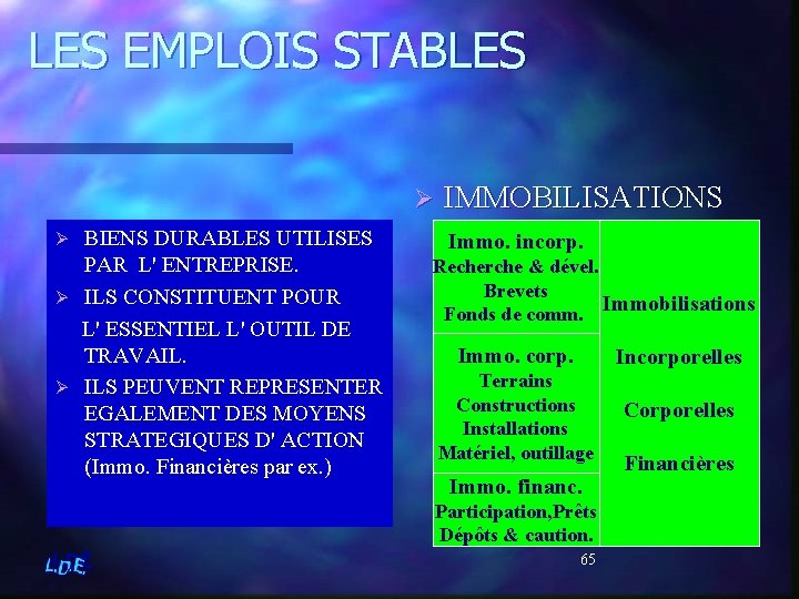 LES EMPLOIS STABLES Ø BIENS DURABLES UTILISES PAR L' ENTREPRISE. Ø ILS CONSTITUENT POUR