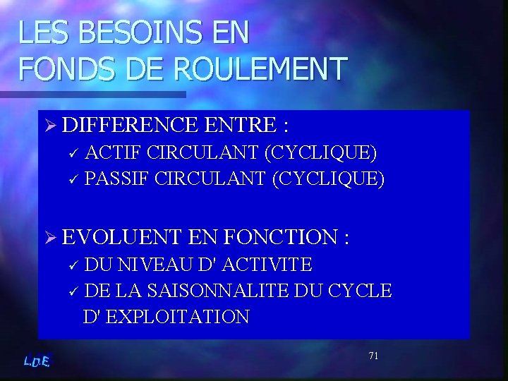 LES BESOINS EN FONDS DE ROULEMENT Ø DIFFERENCE ENTRE : ü ACTIF CIRCULANT (CYCLIQUE)