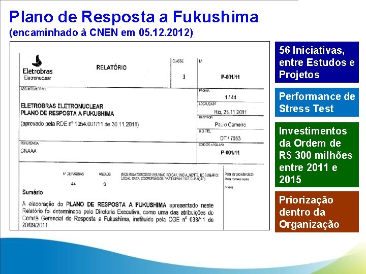 Plano de Resposta a Fukushima (encaminhado à CNEN em 05. 12. 2012) 56 Iniciativas,