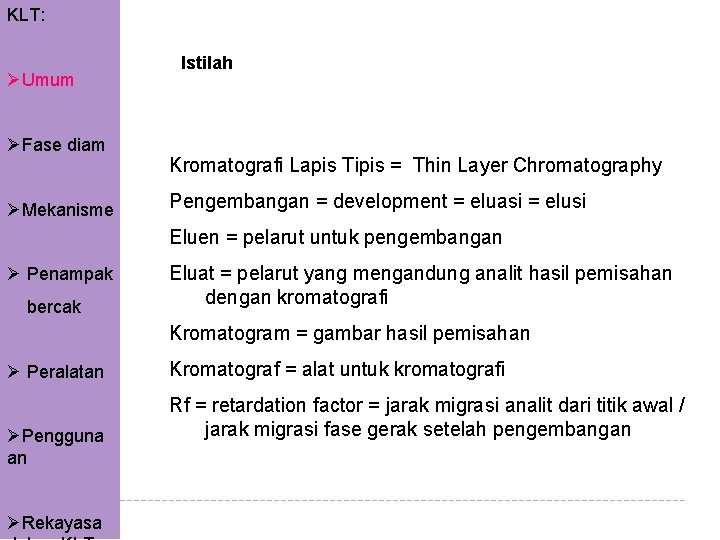 KLT: ØUmum ØFase diam ØMekanisme Istilah Kromatografi Lapis Tipis = Thin Layer Chromatography Pengembangan