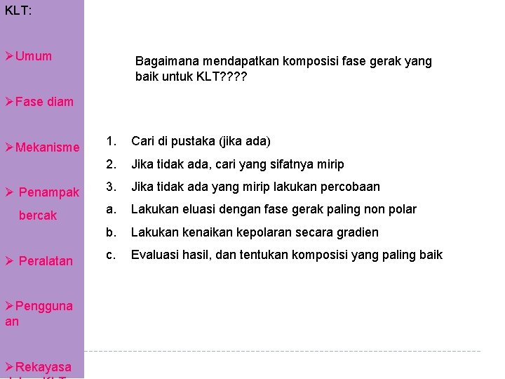 KLT: ØUmum Bagaimana mendapatkan komposisi fase gerak yang baik untuk KLT? ? ØFase diam