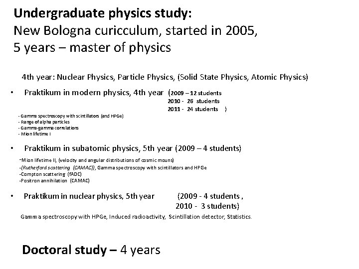 Undergraduate physics study: New Bologna curicculum, started in 2005, 5 years – master of