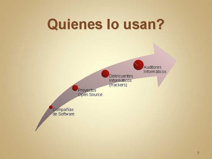 Quienes lo usan? Delincuentes Informáticos (Hackers) Auditores Informáticos Proyectos Open Source Compañías de Software Quienes lo usan? Delincuentes Informáticos (Hackers) Auditores Informáticos Proyectos Open Source Compañías de Software